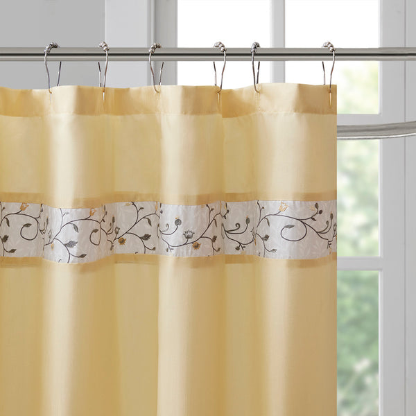 JLA Home Madison Park - Faux silk embroidered floral shower curtain in soft yellow — 72x72, luxe sheen, machine washable, durable elegance MP70-4863