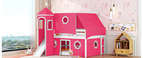 English Elm Full Size Kids Castle Loft Bed with Slide Tent Tower Pinewood Play Zone LT000772AAH-2
