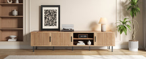 English Elm 78 Inch Low Profile Media Console with Pine Legs Soft Close Doors for Living Room N710P429513P