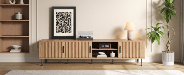 English Elm 78 Inch Low Profile Media Console with Pine Legs Soft Close Doors for Living Room N710P429513P