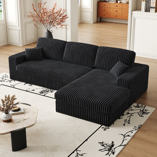 English Elm 114.5'Modern Corduroy Modular sofa with reversible chaise, slow-rebound foam cushions and versatile L-shape seating Black W834S00458