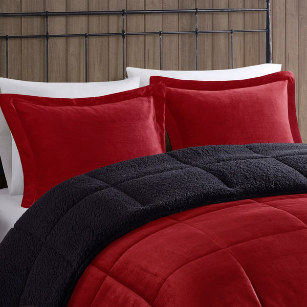 English Elm Full/Queen Plush to Sherpa Comforter Set - Reversible Berber Cozy Down Alternative, Hypoallergenic, OEKO-TEX Certified Red+Black 22.44 L x 20.87 W x 13.39 H B035100471