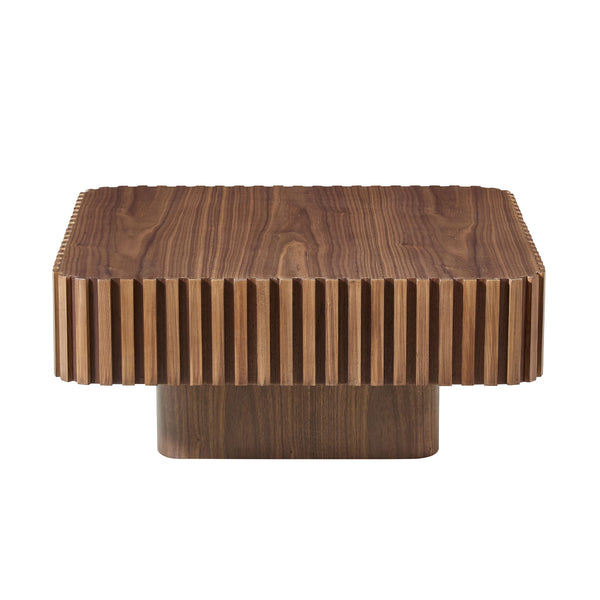 English Elm 31.5 Inch Modern Handcraft Drum Coffee Table Square MDF Pedestal Low Profile Rustic Accent Table Walnut W2582P360258