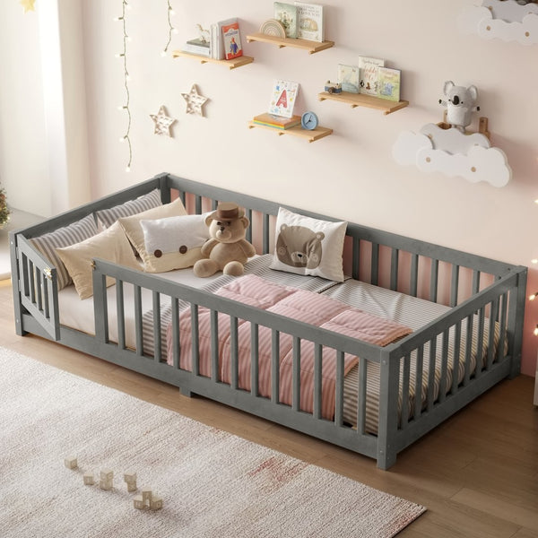 English Elm Twin Floor Bed Solid Pine Frame with Guardrails and Door for Safe Kid Sleep W1580P433575