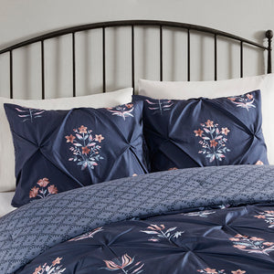 JLA Home Madison Park - 4 Pintuck Comforter Set Navy Floral Embroidered Throw Pillow Hypoallergenic Dust‑Resistant Cozy 92 L x 104 W x 1.5H MP10-8411