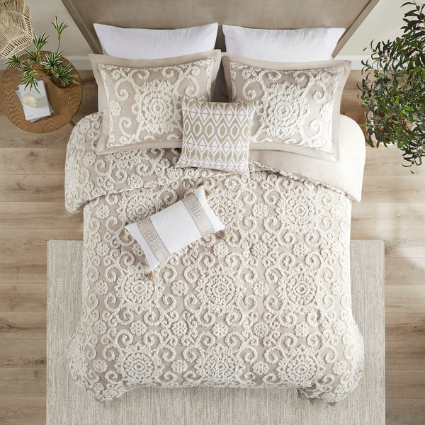 English Elm Cotton Suzanna Comforter Mini Set King Taupe – 100% Cotton Tufted Chenille Medallion, OEKO-TEX Certified, Oversized Plush B03595742