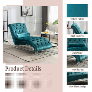 English Elm Velvet Curved Chaise Lounge Sofa with Button-Tufted Back, Thick Foam Comfort and Acrylic Legs for Living Room Relaxation Teal W39538678