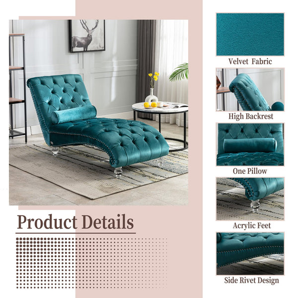 English Elm Velvet Curved Chaise Lounge Sofa with Button-Tufted Back, Thick Foam Comfort and Acrylic Legs for Living Room Relaxation Teal W39538678