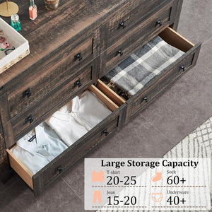 English Elm Farmhouse 6-Drawer Dresser Wide Rustic Wood Chest with Smooth-Glide Drawers and Antique White Finish Dark Oak W295P208328