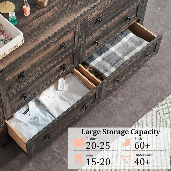 English Elm Farmhouse 6-Drawer Dresser Wide Rustic Wood Chest with Smooth-Glide Drawers and Antique White Finish Dark Oak W295P208328