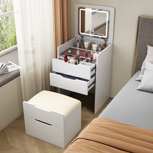 English Elm (48CM) 3-in-1 Vanity Desk with Lighted Flip Mirror, Glass Top, 3 Drawers & Stool — Compact White MDF Vanity W2641P224783