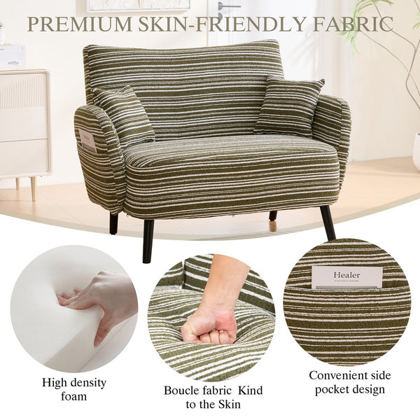 English Elm Modern tufted two-seater sofa with boucle upholstery, tapered legs, storage pockets and plush comfort for small spaces and offices Olive Green W395P376589