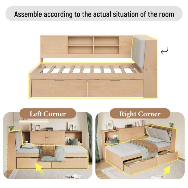 English Elm Wooden Twin L-shaped Corner Bed Pine Frame Bookcase Storage Usb Charging Ports BS701P337660N
