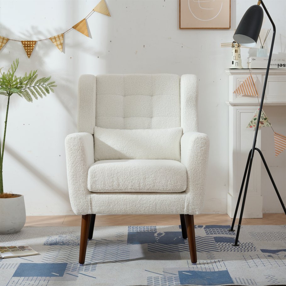 English Elm Modern Accent Chair Upholstered Armchair with Chenille Fabric, Ergonomic Padded Seat, Wood Legs for Living Room Seating Comfort and Stylish Mid Century Flair White W1028P236468