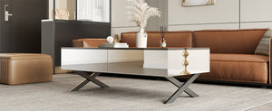 English Elm Rectangular Mirrored Coffee Table 47.3″ with Black High-Gloss Top, Metal Base & 2 Drawers Storage N735P350387B