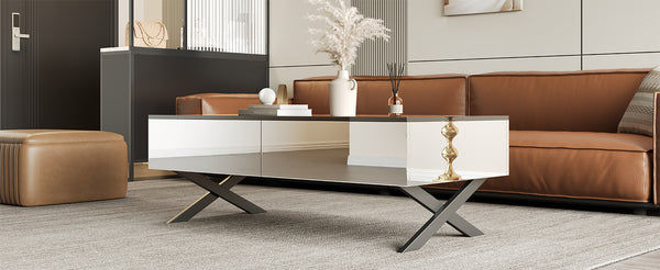 English Elm Rectangular Mirrored Coffee Table 47.3″ with Black High-Gloss Top, Metal Base & 2 Drawers Storage N735P350387B