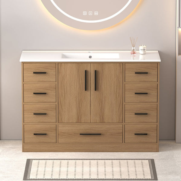 English Elm 48"dark Espresso Bathroom Vanity with 9 Drawers and Soft Close Cabinet Doors Light Oak W3133S00023