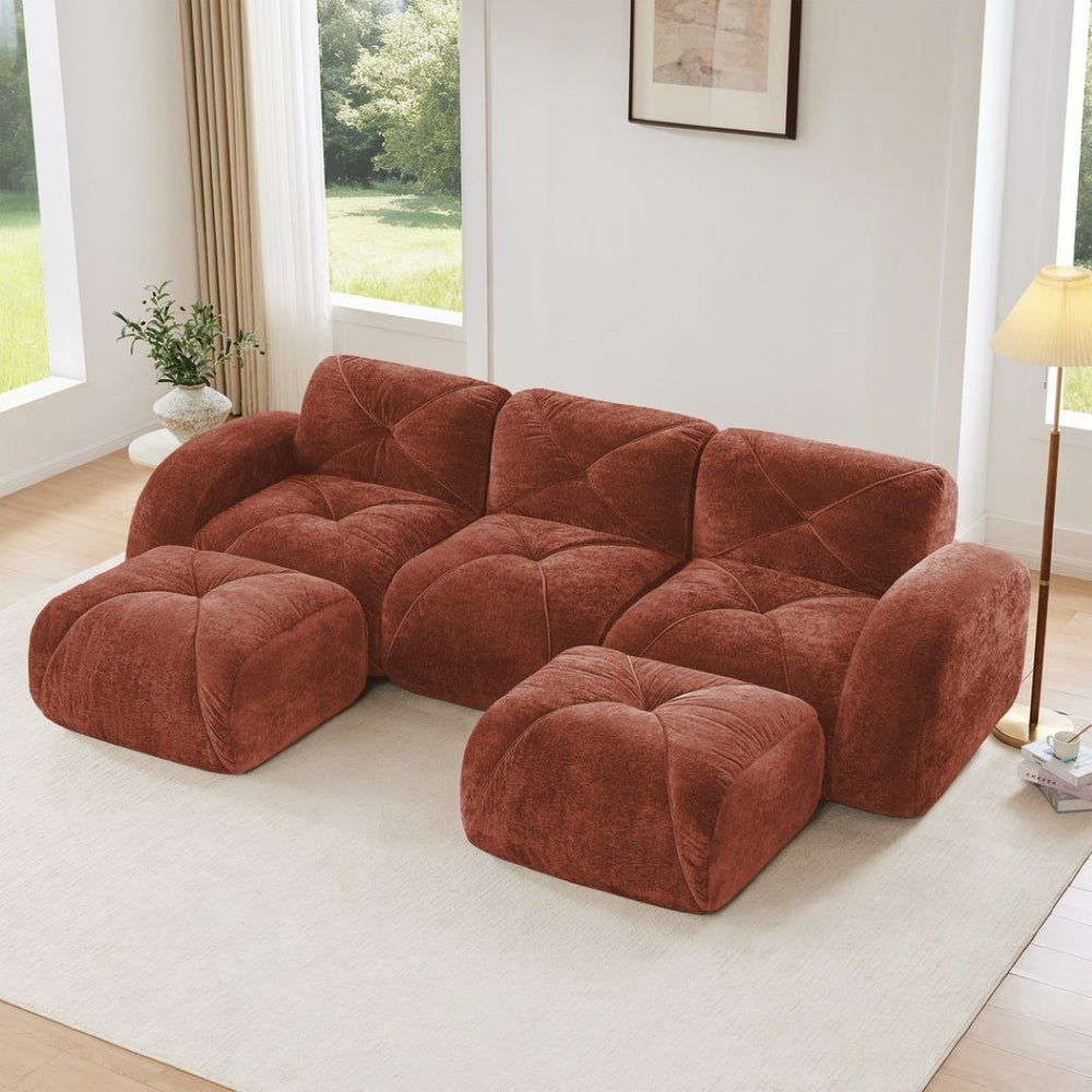 English Elm U-shaped Modular Velvet Sofa Tufted Cloud Seating for Living Room or Home Theater Red+Brown W714S01604