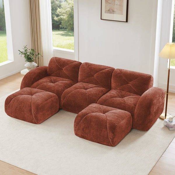 English Elm U-shaped Modular Velvet Sofa Tufted Cloud Seating for Living Room or Home Theater Red+Brown W714S01604