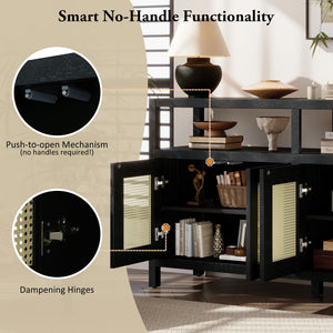 English Elm TREXM Bohemian Rattan Buffet Sideboard with Solid Wood Frame, Adjustable Shelves & Cord Management Black N715P290093B