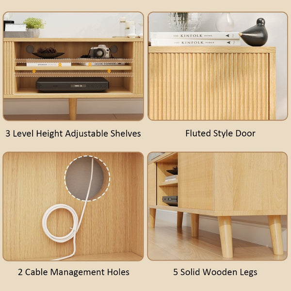 English Elm Fluted Wave Door Oak Finish Tv Stand with Open Shelving for Modern Living Rooms T3773P416488