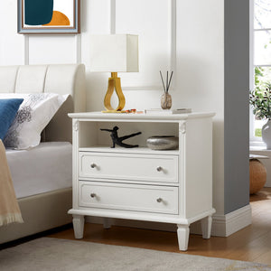 English Elm Open Dresser Nightstand with Charging Station and Open Shelf, 2 Drawers, Solid Wood Legs, Farmhouse Appeal White W1693P216932