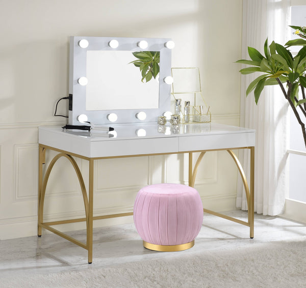 English Elm Lightmane White High Gloss Vanity Desk with Gold Metal Legs, 2 Drawers, Modern Luxury Design B2726P315731