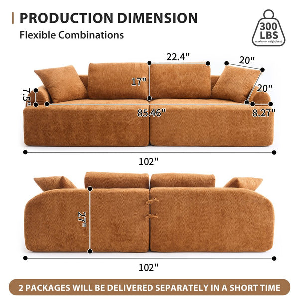 English Elm LY-024OR Plush 4-Seater Compression Sofa in Orange Crochet Yarn Fabric with 4 Pillows, Deep Seat Comfort W2231S00016