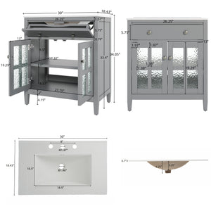 English Elm Christopher Knight Home® - 30" Bathroom Vanity with Ceramic Sink, Solid Wood Legs, Adjustable Shelf, Tip-Out Tray, Soft-Close Hinges, Silver Knobs, Moisture-Resistant Finish Gray N817P286250G