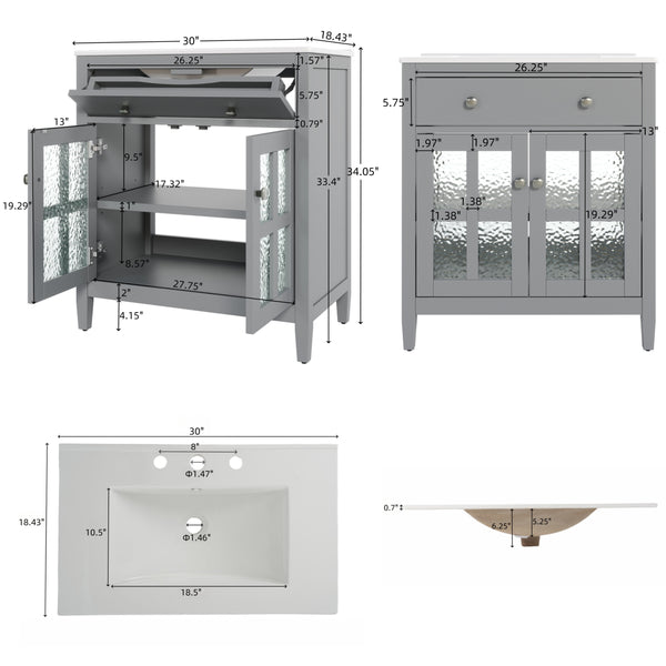 English Elm Christopher Knight Home® - 30" Bathroom Vanity with Ceramic Sink, Solid Wood Legs, Adjustable Shelf, Tip-Out Tray, Soft-Close Hinges, Silver Knobs, Moisture-Resistant Finish Gray N817P286250G
