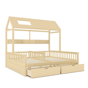 English Elm Double Twin House Bed Pine Wood Frame Kids Playhouse Bunk with Storage Drawers Natural W5305S00007