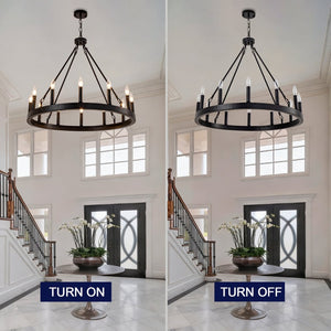 English Elm 12-light Wagon Wheel Chandelier Black Iron Rustic Farmhouse Fixture for Dining Rooms W2991P406726