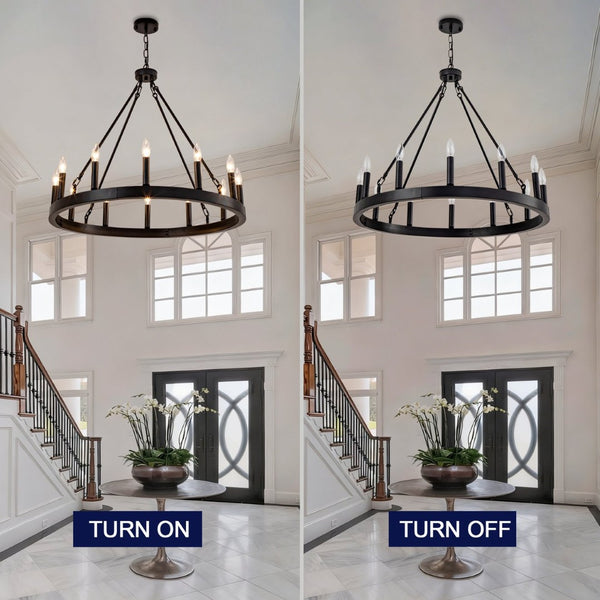 English Elm 12-light Wagon Wheel Chandelier Black Iron Rustic Farmhouse Fixture for Dining Rooms W2991P406726