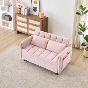 English Elm 52 Pink Modern Velvet Sofa Bed 3-in-1 Convertible Loveseat with Pillows, Pockets, Metal Legs, Compact Design W1658P266338
