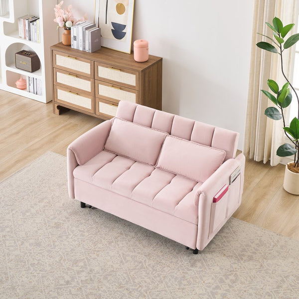 English Elm 52 Pink Modern Velvet Sofa Bed 3-in-1 Convertible Loveseat with Pillows, Pockets, Metal Legs, Compact Design W1658P266338