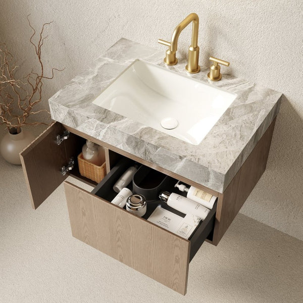 English Elm Muri Floating Bathroom Vanity Plywood Cabinet Sintered Stone Top Woodgrain Finish W2615S00602