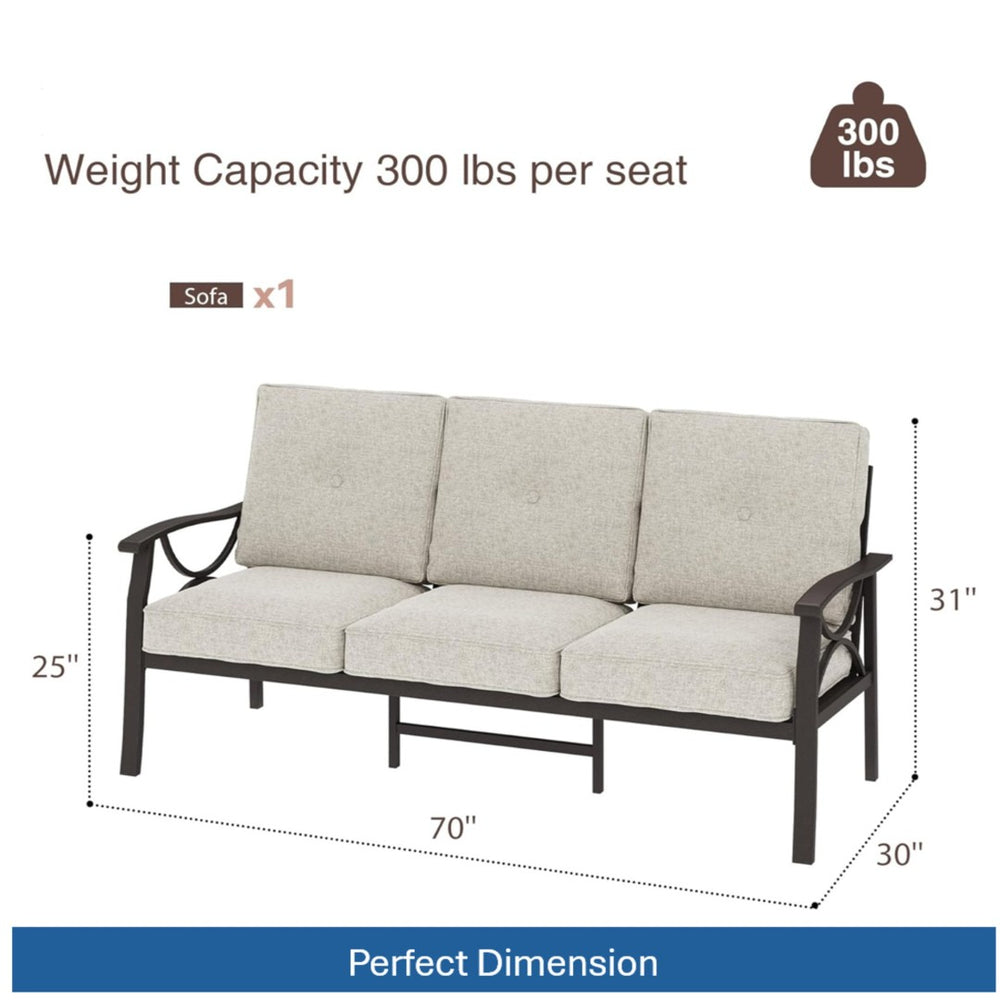 English Elm 70 Inch All Weather Steel Outdoor Sofa Three Seat Rust Proof Powder Coated Patio Seating Light Khaki+Beige B082P455150