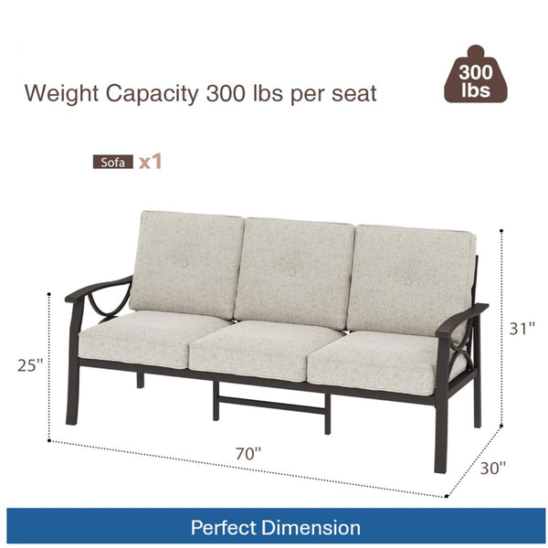 English Elm 70 Inch All Weather Steel Outdoor Sofa Three Seat Rust Proof Powder Coated Patio Seating Light Khaki+Beige B082P455150