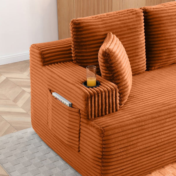 English Elm Boneless Floor Sofa Corduroy Upholstered 5 Seat with Cup Holders and Side Pockets W1117S00432