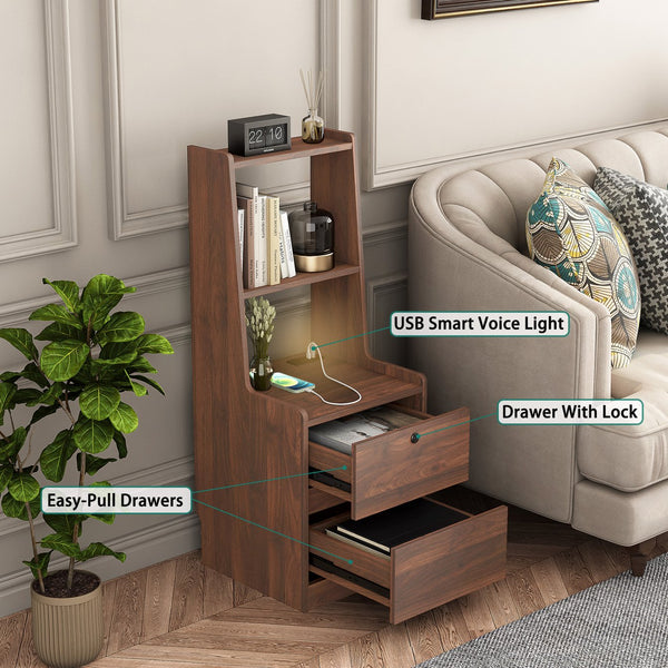 English Elm Nightstand with Charging Station, Voice-Control Night Light, Lockable Cabinet, USB & AC Ports, Modern Woodhelves W1321P204522