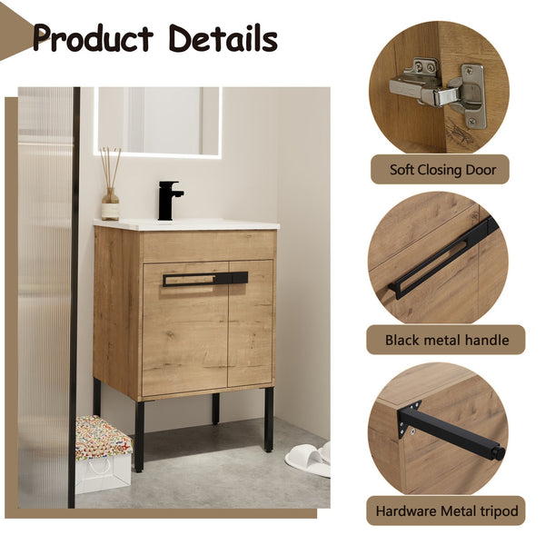 English Elm 24 24 Inch Bathroom Vanity with Ceramic Sink, Freestanding or Wall-Mount, Soft-Close Doors, Storage W999S00076