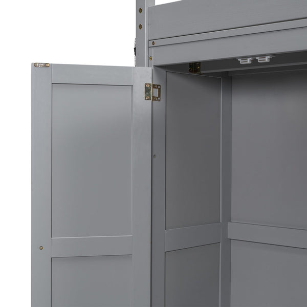 English Elm Wood Full Size Loft Bed with Built-in Wardrobe, 4-Tier Storage Shelves, LED Light, Pine MDF Durable Gray GX000463AAE