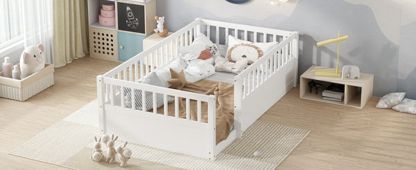 English Elm Twin Montessori Floor Bed Frame for Kids – Pine Playroom Bed with Fence for Reading & Imaginative Play White W1580P307878