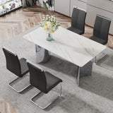 Hearth and Haven Modern Minimalist Dining Table. Imitation Marble Glass Sticker Desktop, Stainless Steel Legs, Stable and Beautiful. 4 Black Leatherette Seats. 63 "x 35.4" x 29.5 "Dt-69 C-1162 W1151S00835