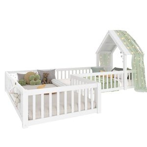 English Elm Twin House Floor Bed with Door & Full-Length Guardrails, Solid Wood Twin Loft Alternative for Kids White W1580P327128
