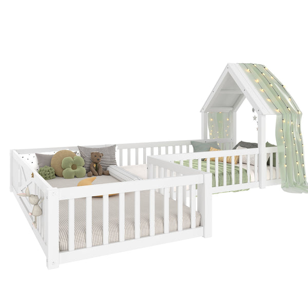 English Elm Twin House Floor Bed with Door & Full-Length Guardrails, Solid Wood Twin Loft Alternative for Kids White W1580P327128