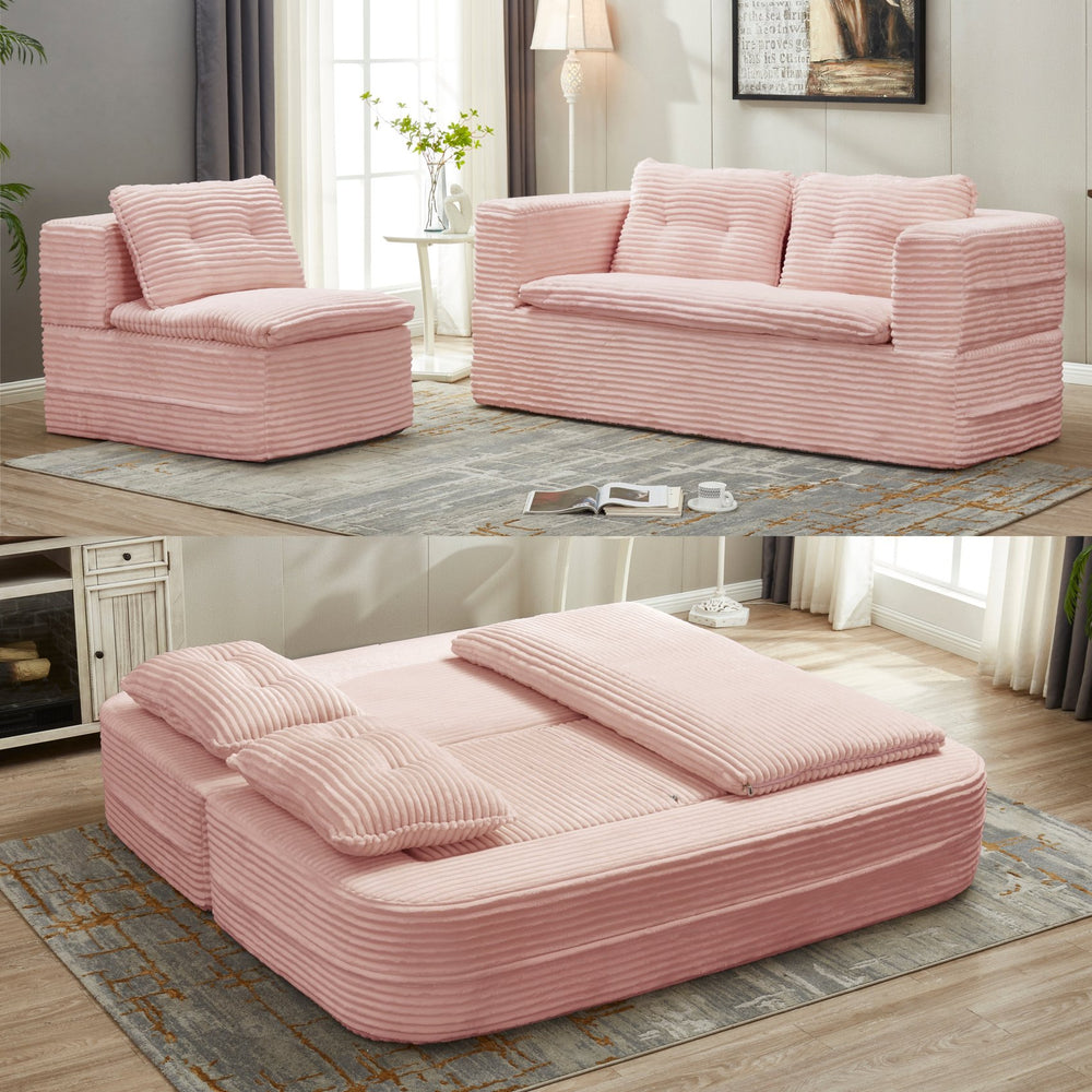 English Elm Multi Functional Sectional Sofa Bed in Baby Pink Plush Corduroy with Independent Chaise, Convertible Sleeper and 3 Pillows, Deep Seat Comfort W3219P387267