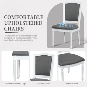 English Elm TOPMAX Rustic 7-Piece Solid Wood Extendable Dining Set with 18" Removable Leaf, 6 Upholstered Chairs, 2 Drawers Dark Gray,White SP000078AAE