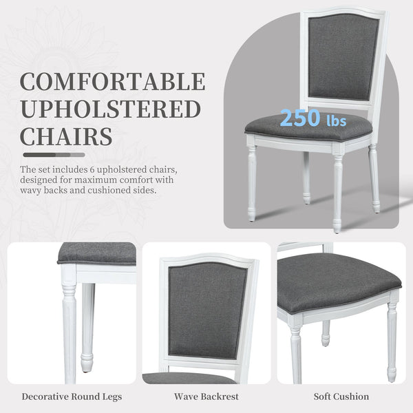 English Elm TOPMAX Rustic 7-Piece Solid Wood Extendable Dining Set with 18" Removable Leaf, 6 Upholstered Chairs, 2 Drawers Dark Gray,White SP000078AAE