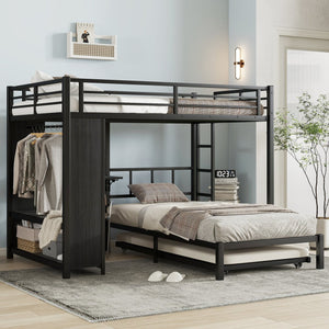 English Elm Full Over Twin Bunk Bed With Integrated Wardrobe, Trundle, Foldable Desk & Noise-Reduced Design In Black W1580S00136